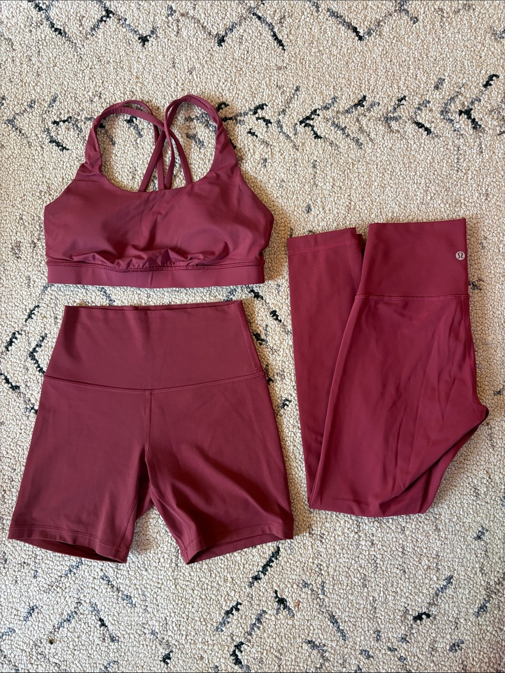 Lululemon set Burgundy / dusk Sports Bra with Matching Leggings & Shorts